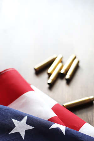 American flag on a wooden texture tableの写真素材