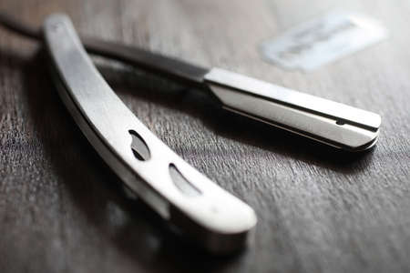 Shaving accessories on a wooden backgroundの写真素材