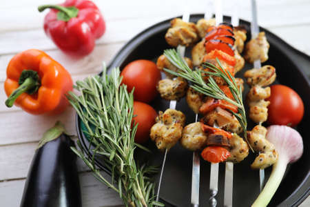 Summer vegetables grilled pan fried eggplant and tomatoesの写真素材