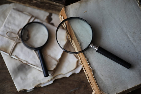Old books on a wooden table and glass magnifierの写真素材