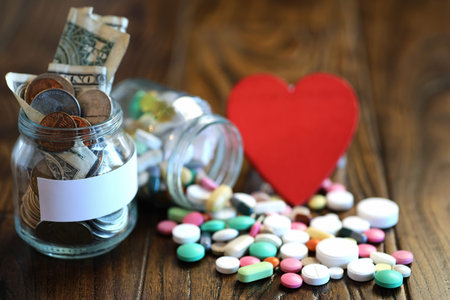 Multicolored tablets of different shapes and sizes on the wooden floorの写真素材