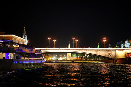 Architecture of the capital of Russia at night with bright illuminationの写真素材