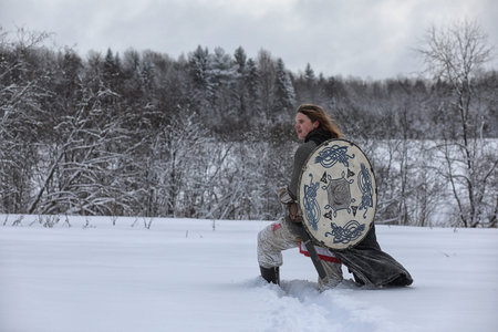 Defender the young warrior in mail armorの写真素材