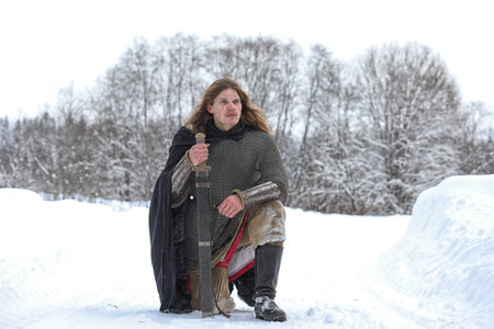 Defender the young warrior in mail armorの写真素材