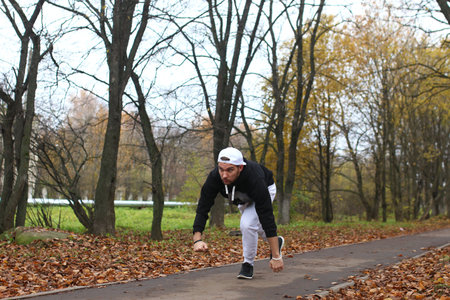 Young beard man in an autumnの写真素材