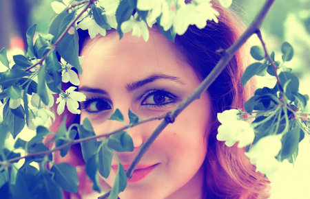 woman in park branch tree flowerの写真素材