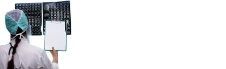 isolated poster with doctor holding a picture of a brain MRI workflow in diagnostic hospitalの写真素材