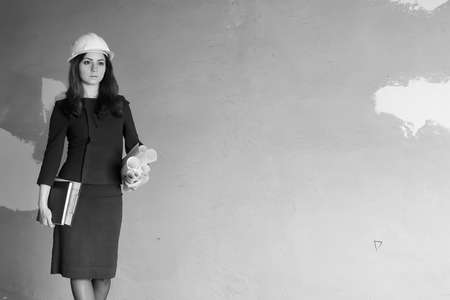 Black and white photo of a woman architect at the construction sの写真素材