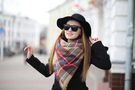 French woman for a walk in early springの写真素材