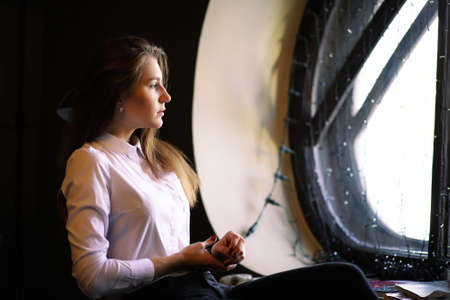 A girl in a vintage cafeの写真素材