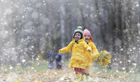 Toddlers on a walk in the autumn park. First frost and the firstの写真素材