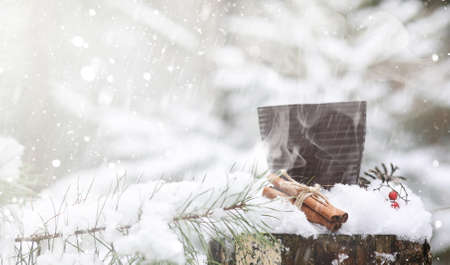 A cup with a hot drink in the winter forest. Hot cocoa with cinnamon on the background of winter forest. First snow and hot chocolate.の写真素材