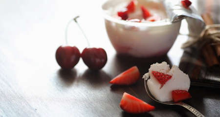 Fresh yogurt with berries. Ice cream in a bowl with fresh and juの写真素材