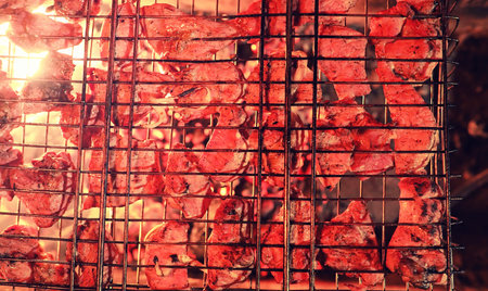 Slices of chopped meat in a grate for cooking barbecue on charcoの写真素材