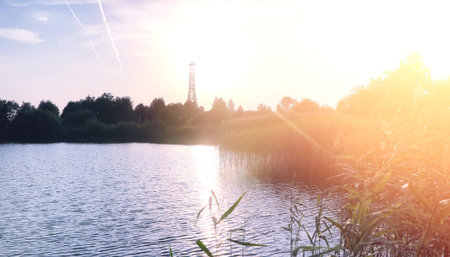 Landscape lake. Texture of water. The lake is at dawn. The mouth of the river at the confluence of...