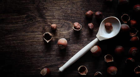 Nuts on a wooden table. Hazelnuts in the shells and shelled. A wooden spoon and nuts on brown table.の写真素材