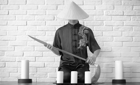 Asian young novice on a white brick wall backgroundの写真素材