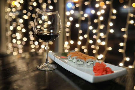 Food in the cafe on the table Japanese sushi and teaの写真素材