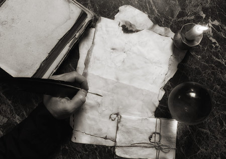 aged retro papers and book on table with detective tools backgro