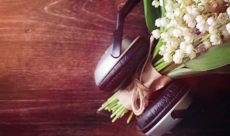 Bouquet of lilies of the valley on a tableの写真素材
