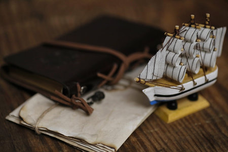 Old wooden ship with sails and masts toy on a stand. Vintage and retro toys