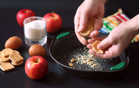 Preparation of apple pie at home. Homemade pastries with applesの写真素材
