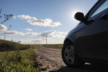 Landscape is summer. Green trees and grass in a countryside landscape. Nature summer day. Leaves on bushes.の写真素材