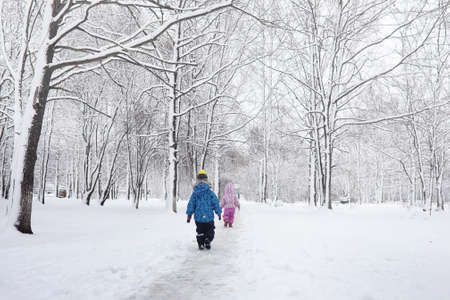 Snow-covered winter park and benches. Park and pier for feeding ducks and pigeons.Family on a walk in the snow covered the autumn park.
の写真素材