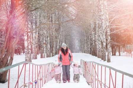 Children walk in the park in winter. Winter forest a family withの写真素材