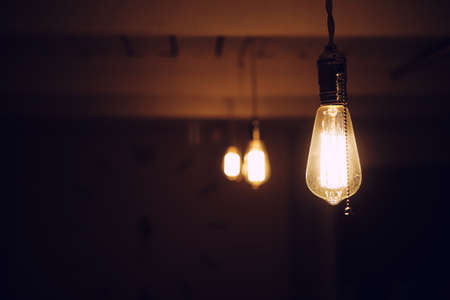 Lamps with tungsten filament. Edisons light bulb. Filament filaの写真素材
