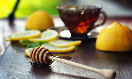 Tea with lemon and mint in nature. A cup of hot mint tea with le