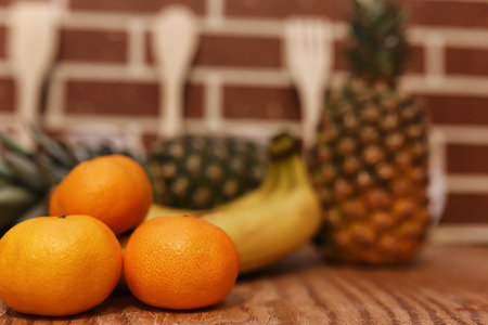 different objects on a kitchen wooden table