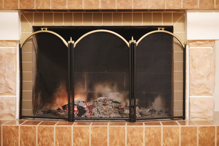 Fire burns in a home fireplace and protects the grill from coalの写真素材