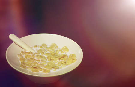 Corn flakes in a plate. Breakfast from flakes with honey and milk. Fast breakfast with corn flakesの写真素材