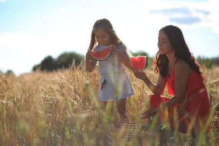 Summer landscape and a girl on nature walk in the countryside.の写真素材