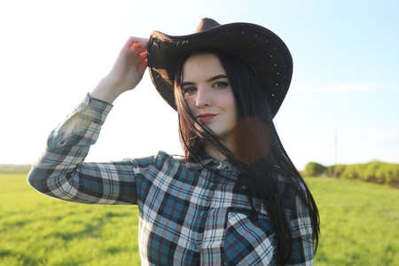 A girl travels the summer in the countryの写真素材