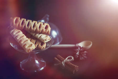 Set for breakfast. Sweets and pastries with nuts for tea on a blの写真素材