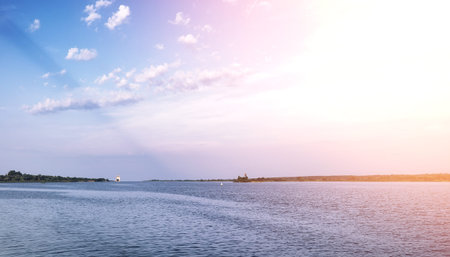 Landscape lake. Texture of water. The lake is at dawn. The mouth