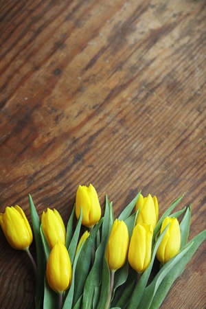 A bouquet of yellow tulips in a vase on the floor. A gift to a wの写真素材