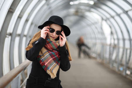 French woman on a walk in the central part of the cityの写真素材