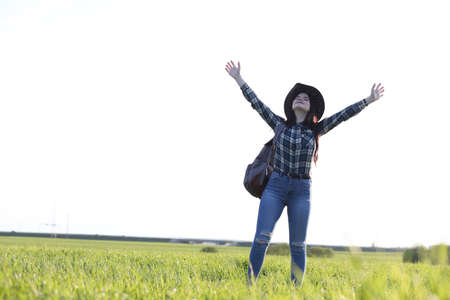 A girl travels the summer in the countryの写真素材