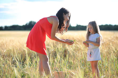 Summer landscape and a girl on nature walk in the countryside.の写真素材