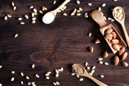 Fresh nuts on the table for breakfast with honeyの写真素材