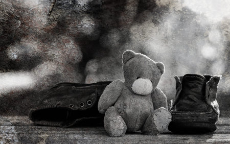 different objects on a wooden table on a background of blurred summer foliageの写真素材