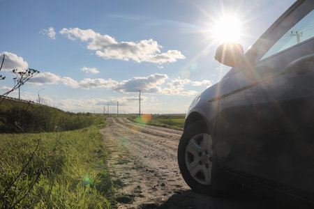 Landscape is summer. Green trees and grass in a countryside landscape. Nature summer day. Leaves on bushes.の写真素材