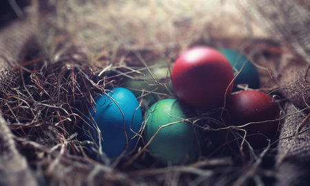 Easter painted eggs on burlap and straw
