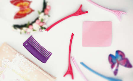 Women's secrets, a diary for entries on a white table and accessoriesの写真素材