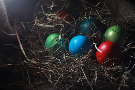 Easter painted eggs on burlap and straw