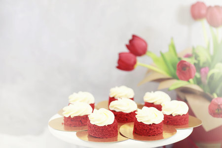 Beautiful festive cake biscuit with different creams and decoratedの写真素材