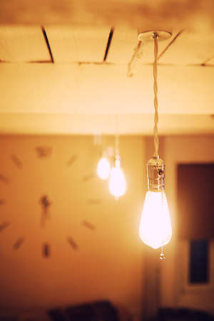 Lamps with tungsten filament. Edison light bulb. Filament filament in vintage lamps. Retro design of light bulbs.の写真素材